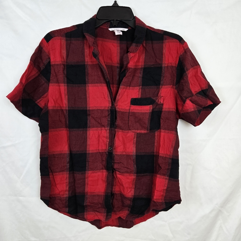 Victoria's Secret Red Black Plaid Short Sleeve Pocket Collared Button PJ Top Sma